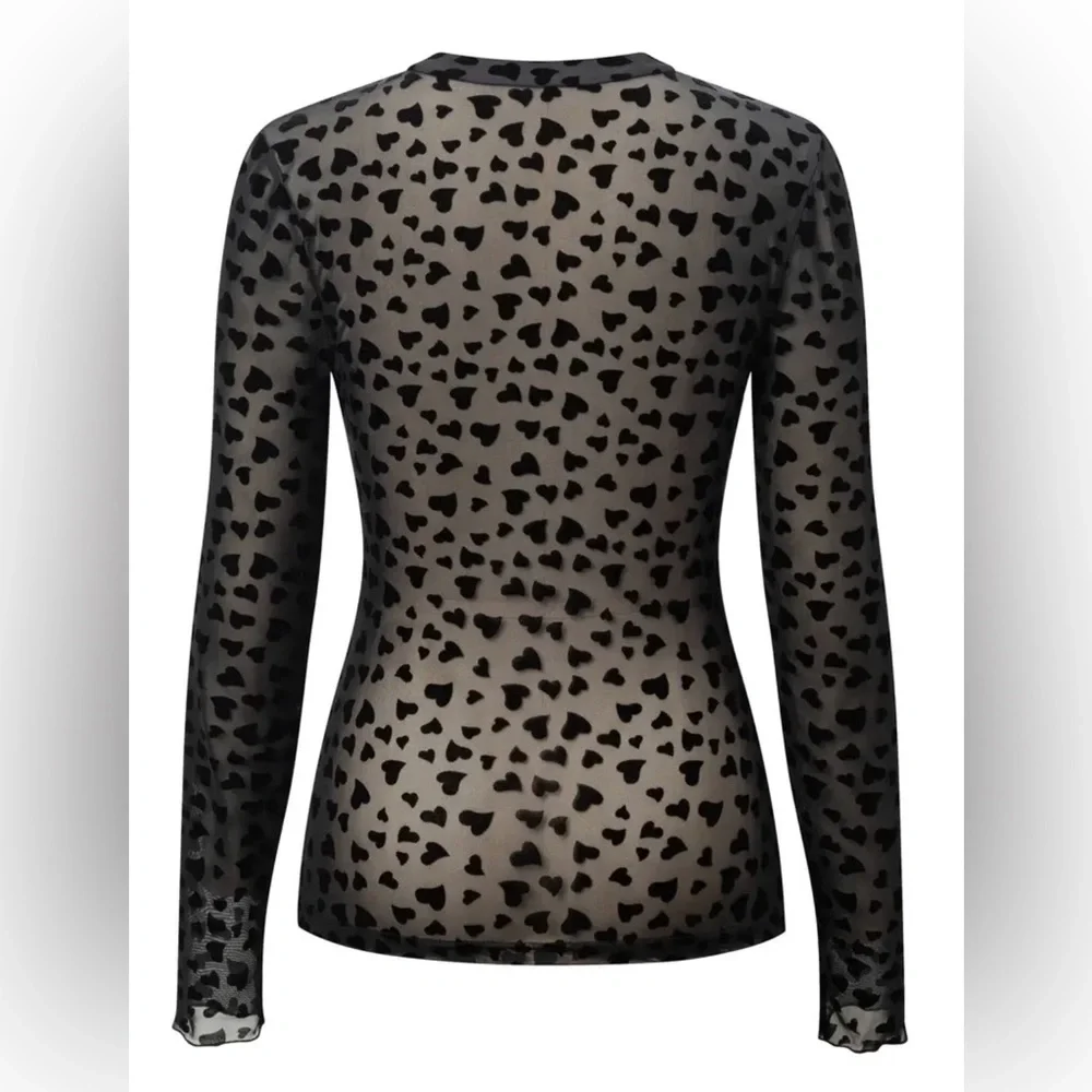 Black Sheer Velvet Hearts Mesh T-Shirt, Long Sleeve Sheer Top Valentine's Day - Picture 2 of 4